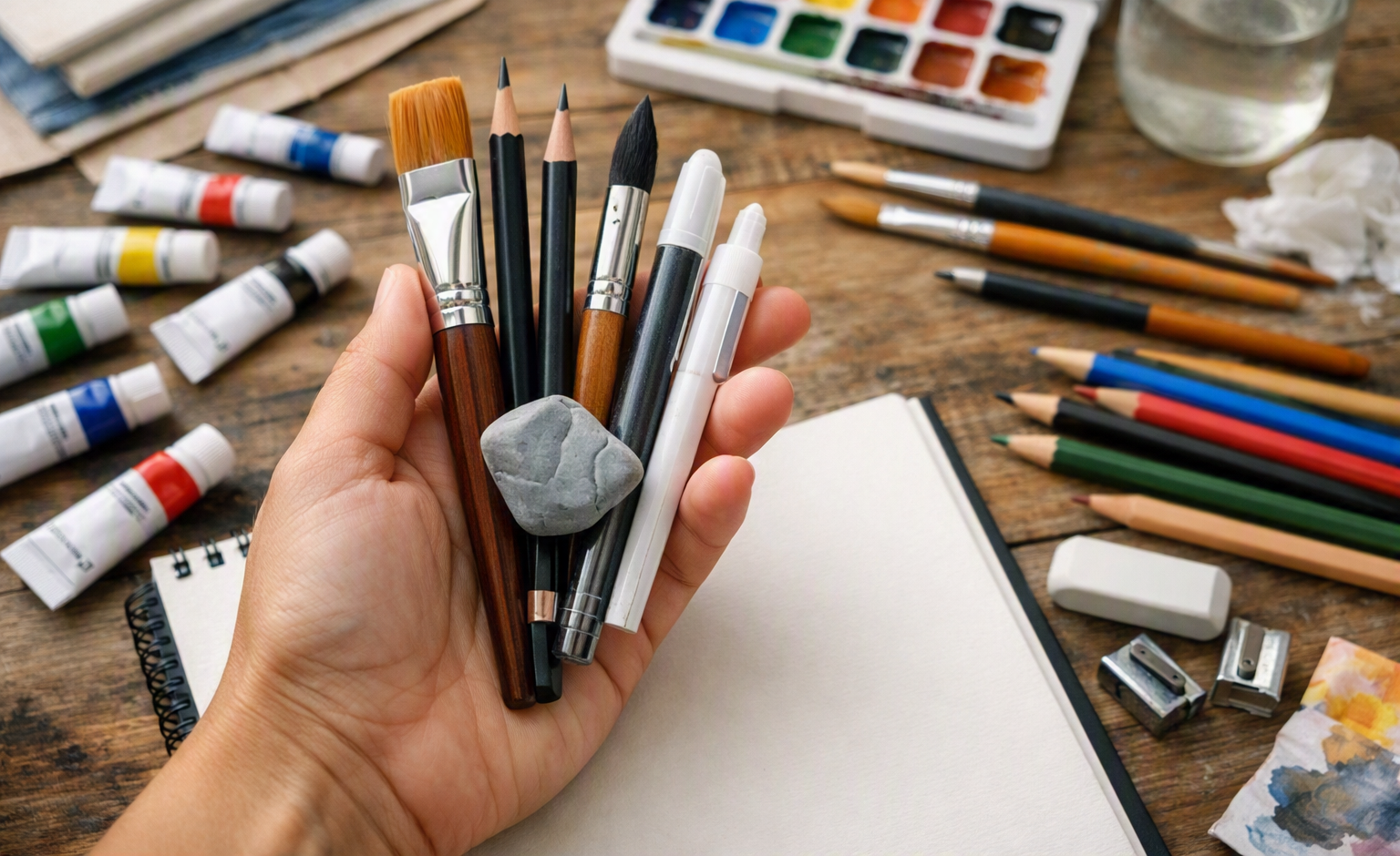 Hand holding essential art supplies