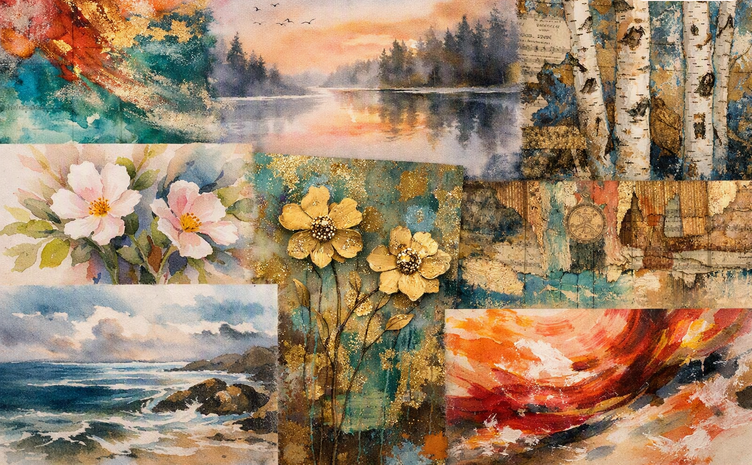 Collage of Sylvia Armstrong’s watercolor, acrylic, and mixed‑media artwork